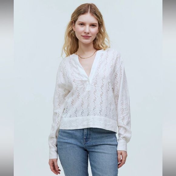 NWT Madewell Long-Sleeve Popover Top in Eyelet - Picture 1 of 7
